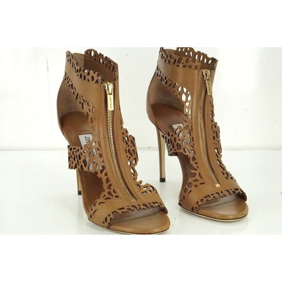 Jimmy Choo Brown Laser Cut Out Megan T Strap Zip Top Sandals - Picture 7 of 10